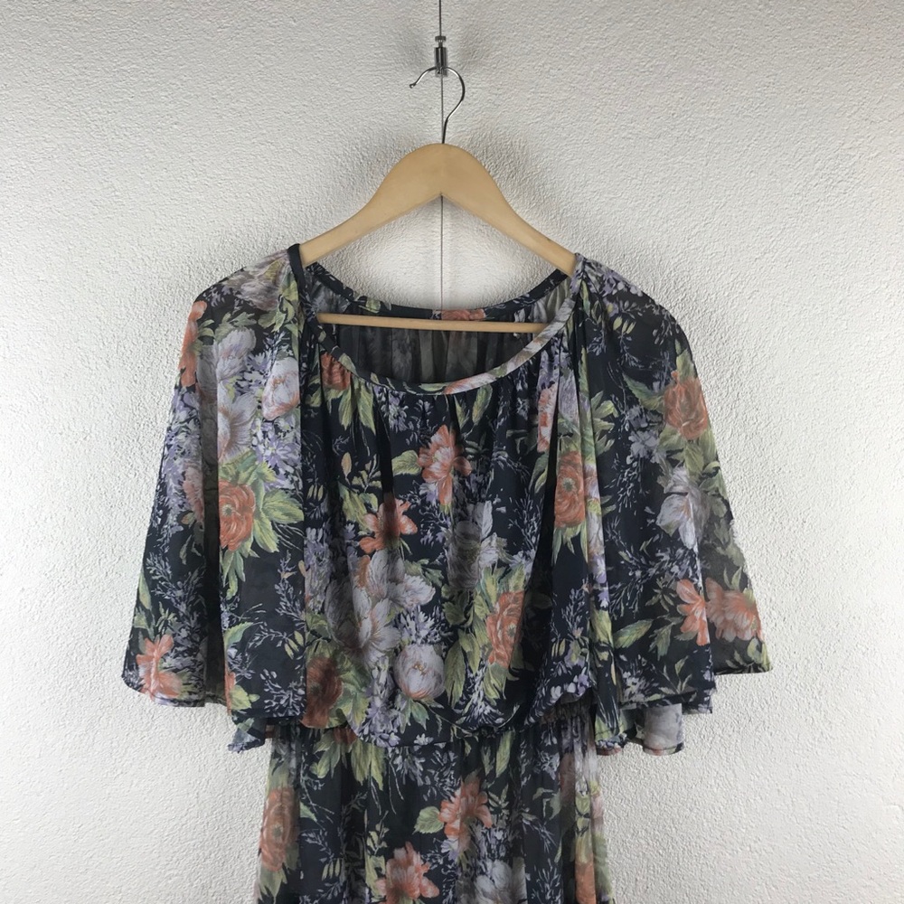 Vintage l 70s M Bohemian Cottagecore Floral Semi-Sheer Cape Flutter Sleeve Dress - Picture 2 of 14